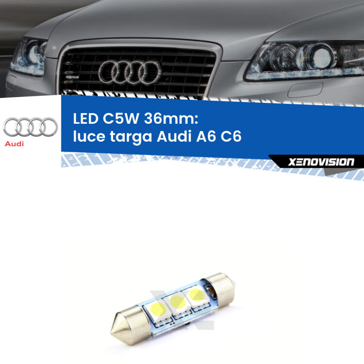 LED Luce Targa Audi A6 C6 2004 - 2011. Una lampadina led innesto C5W 36mm canbus estremamente longeva.