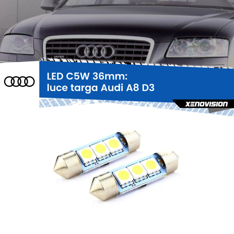 0 Luce Targa LED c5w 36mm Audi A8 D3 2002 - 2009 (Coppia) <strong>Luce Targa LED per Audi A8</strong> D3 2002 - 2009. Coppia lampade <strong>C5W</strong> 36mm estremamente longeve.