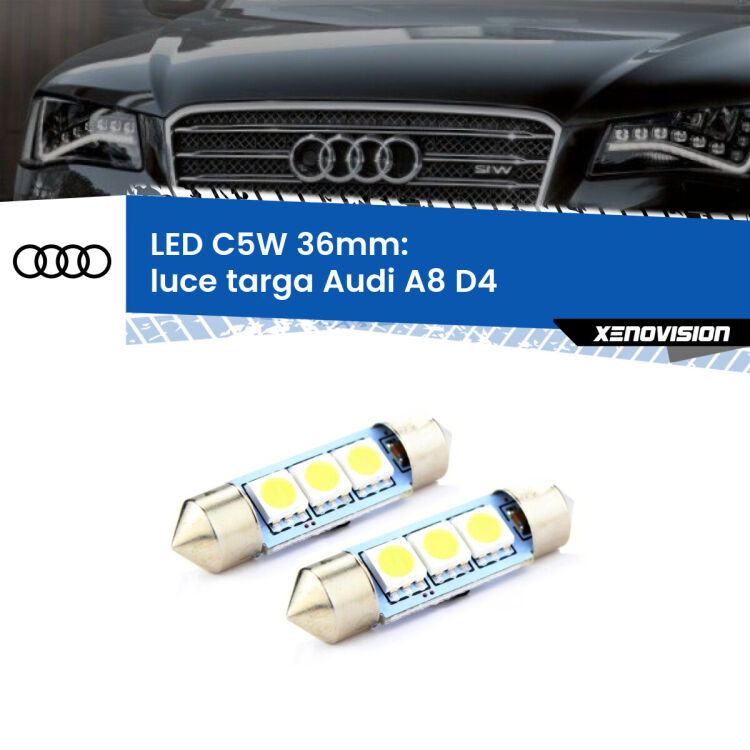 0 Luce Targa LED c5w 36mm Audi A8 D4 2009 - 2012 (Coppia) <strong>Luce Targa LED per Audi A8</strong> D4 2009 - 2012. Coppia lampade <strong>C5W</strong> 36mm estremamente longeve.