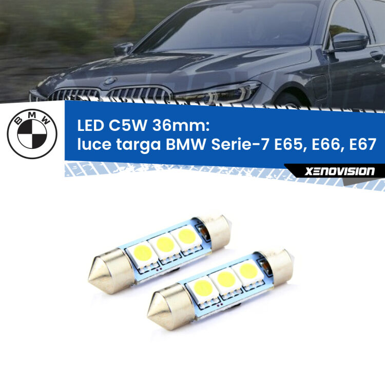 0 Luce Targa LED c5w 36mm BMW Serie-7 E65, E66, E67 2005 - 2008 (Coppia) <strong>Luce Targa LED per BMW Serie-7</strong> E65, E66, E67 2005 - 2008. Coppia lampade <strong>C5W</strong> 36mm estremamente longeve.
