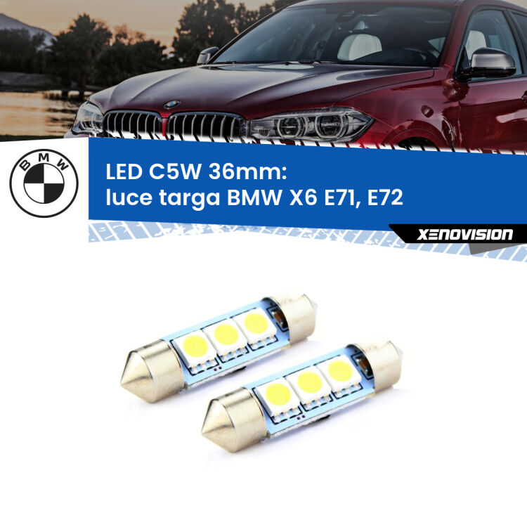 0 Luce Targa LED c5w 36mm BMW X6 E71, E72 2008 - 2014 (Coppia) <strong>Luce Targa LED per BMW X6</strong> E71, E72 2008 - 2014. Coppia lampade <strong>C5W</strong> 36mm estremamente longeve.