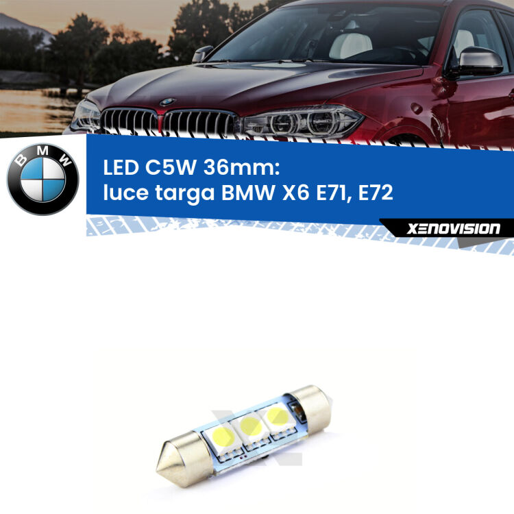 LED Luce Targa BMW X6 E71, E72 2008 - 2014. Una lampadina led innesto C5W 36mm canbus estremamente longeva.
