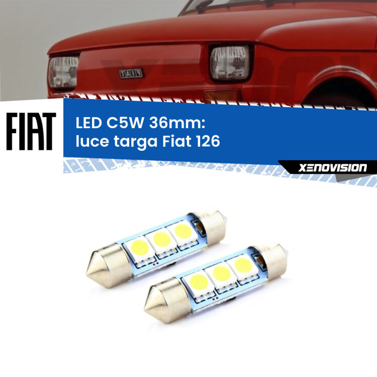 0 Luce Targa LED c5w 36mm Fiat 126 1972 - 2000 (Coppia) <strong>Luce Targa LED per Fiat 126</strong> 1972 - 2000. Coppia lampade <strong>C5W</strong> 36mm estremamente longeve.