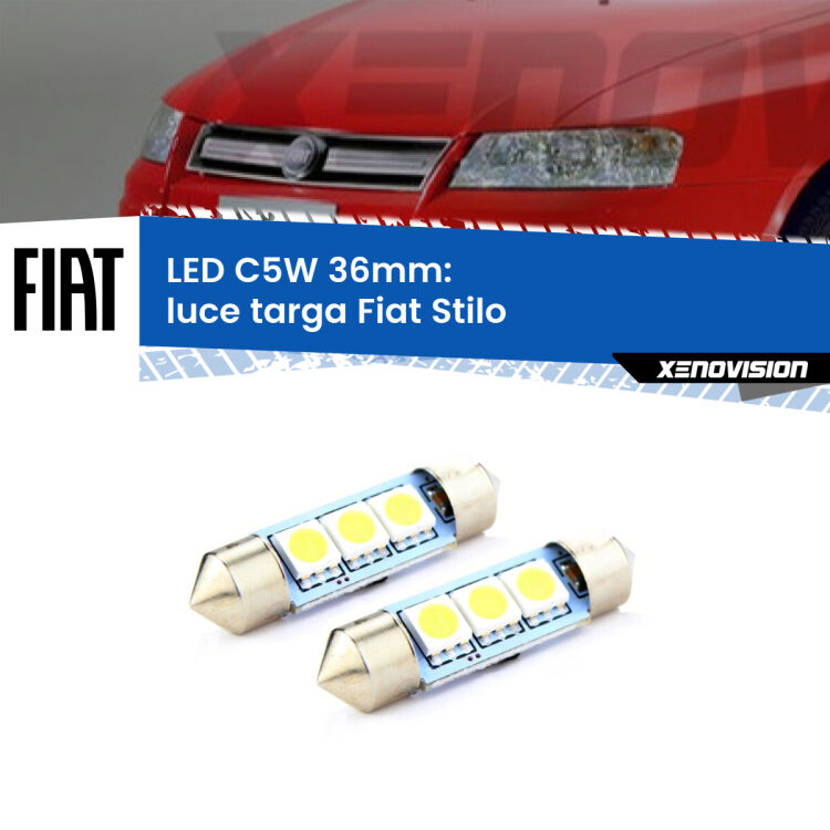 0 Luce Targa LED c5w 36mm Fiat Stilo 2001 - 2006 (Coppia) <strong>Luce Targa LED per Fiat Stilo</strong> 2001 - 2006. Coppia lampade <strong>C5W</strong> 36mm estremamente longeve.