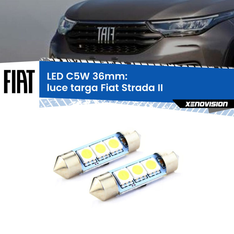 0 Luce Targa LED c5w 36mm Fiat Strada II (Versione1) (Coppia) <strong>Luce Targa LED per Fiat Strada</strong> II (Versione1). Coppia lampade <strong>C5W</strong> 36mm estremamente longeve.