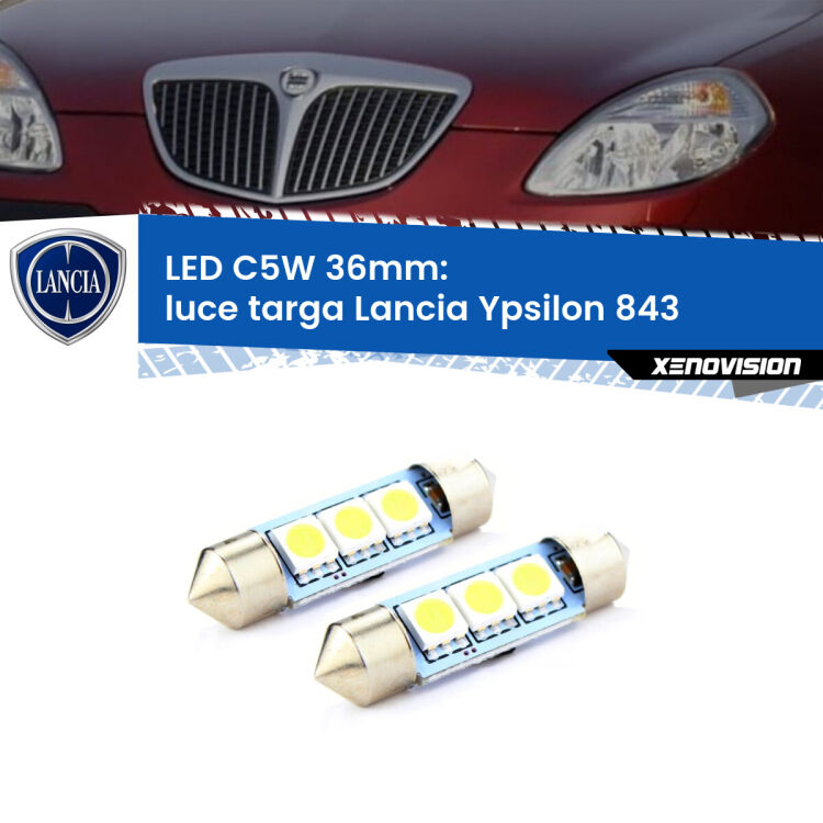 Luce Targa LED c5w 36mm Lancia Ypsilon 843 2003 - 2011 (Coppia) <strong>Luce Targa LED per Lancia Ypsilon</strong> 843 2003 - 2011. Coppia lampade <strong>C5W</strong> 36mm estremamente longeve.