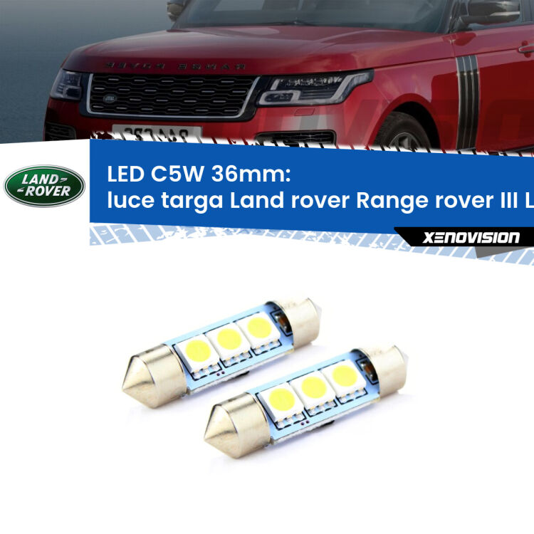 0 Luce Targa LED c5w 36mm Land rover Range rover III L322 2002 - 2012 (Coppia) <strong>Luce Targa LED per Land rover Range rover III</strong> L322 2002 - 2012. Coppia lampade <strong>C5W</strong> 36mm estremamente longeve.