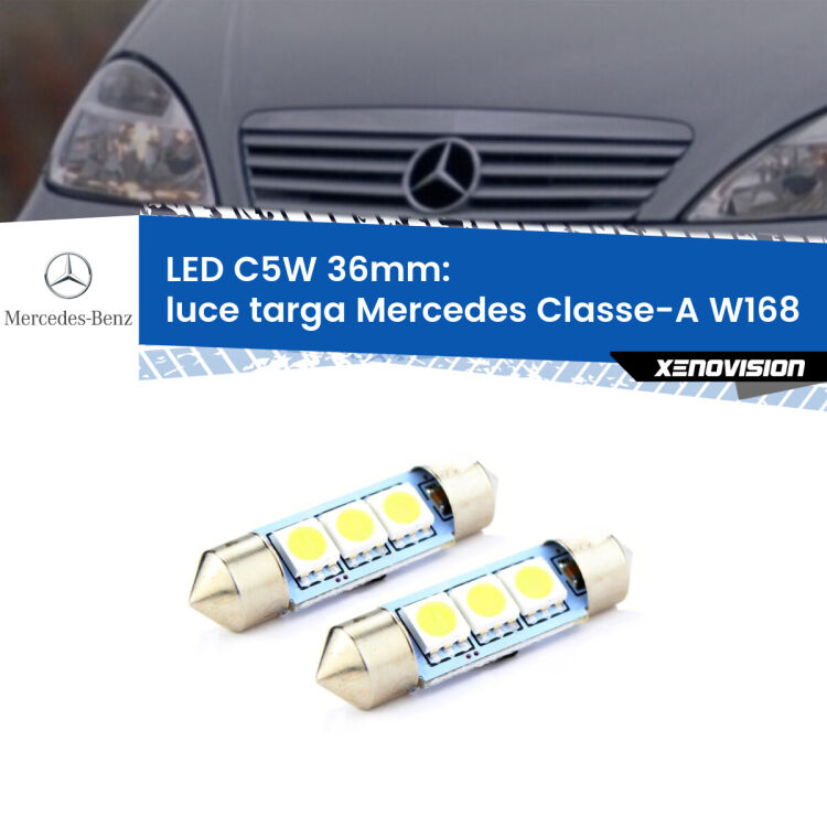0 Luce Targa LED c5w 36mm Mercedes Classe-A W168 1997 - 2004 (Coppia) <strong>Luce Targa LED per Mercedes Classe-A</strong> W168 1997 - 2004. Coppia lampade <strong>C5W</strong> 36mm estremamente longeve.