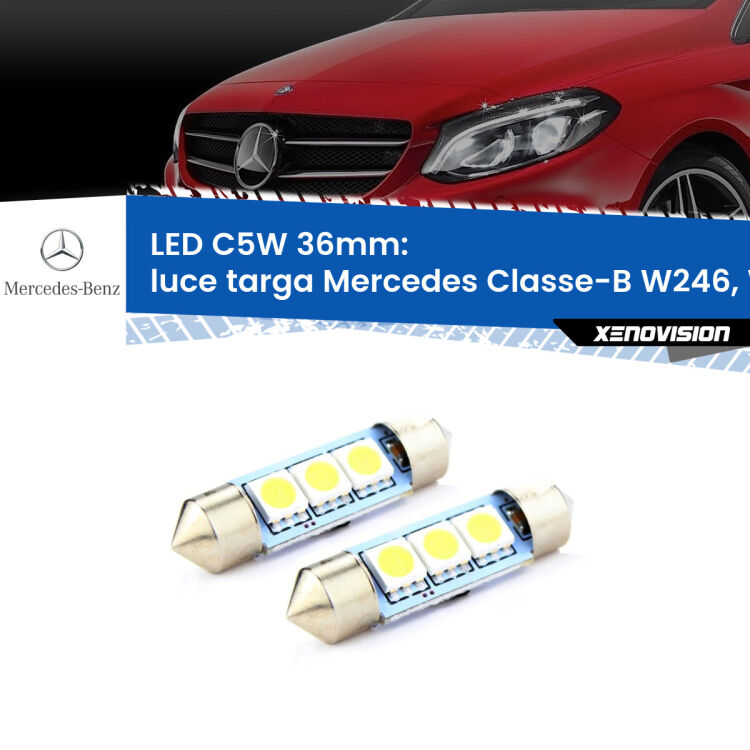 0 Luce Targa LED c5w 36mm Mercedes Classe-B W246, W242 2011 - 2018 (Coppia) <strong>Luce Targa LED per Mercedes Classe-B</strong> W246, W242 2011 - 2018. Coppia lampade <strong>C5W</strong> 36mm estremamente longeve.