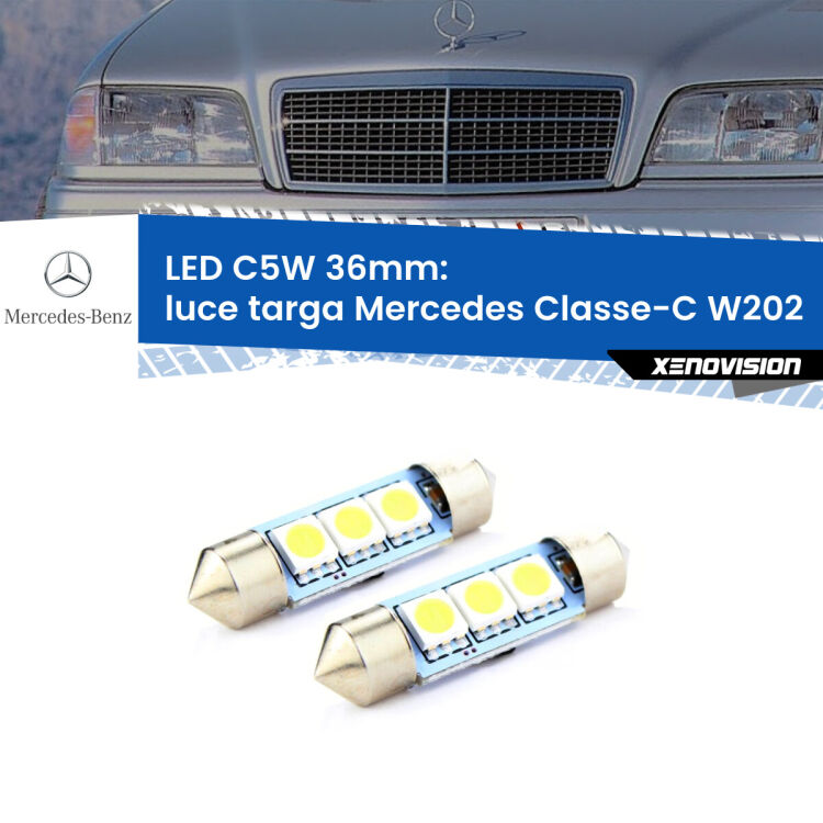 0 Luce Targa LED c5w 36mm Mercedes Classe-C W202 1993 - 2000 (Coppia) <strong>Luce Targa LED per Mercedes Classe-C</strong> W202 1993 - 2000. Coppia lampade <strong>C5W</strong> 36mm estremamente longeve.