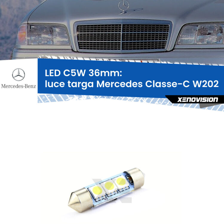 LED Luce Targa Mercedes Classe-C W202 1993 - 2000. Una lampadina led innesto C5W 36mm canbus estremamente longeva.