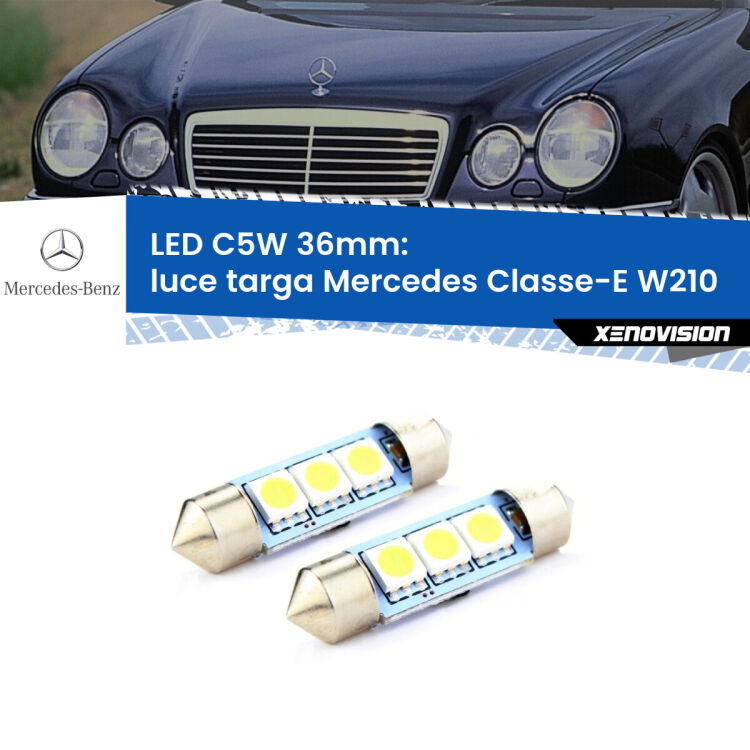 0 Luce Targa LED c5w 36mm Mercedes Classe-E W210 1995 - 2002 (Coppia) <strong>Luce Targa LED per Mercedes Classe-E</strong> W210 1995 - 2002. Coppia lampade <strong>C5W</strong> 36mm estremamente longeve.
