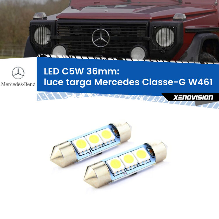 0 Luce Targa LED c5w 36mm Mercedes Classe-G W461 1990 - 2000 (Coppia) <strong>Luce Targa LED per Mercedes Classe-G</strong> W461 1990 - 2000. Coppia lampade <strong>C5W</strong> 36mm estremamente longeve.