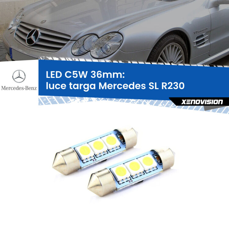 0 Luce Targa LED c5w 36mm Mercedes SL R230 2001 - 2012 (Coppia) <strong>Luce Targa LED per Mercedes SL</strong> R230 2001 - 2012. Coppia lampade <strong>C5W</strong> 36mm estremamente longeve.