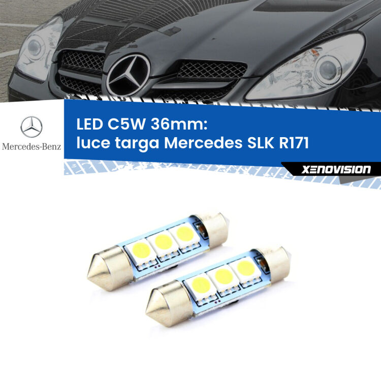 0 Luce Targa LED c5w 36mm Mercedes SLK R171 2004 - 2011 (Coppia) <strong>Luce Targa LED per Mercedes SLK</strong> R171 2004 - 2011. Coppia lampade <strong>C5W</strong> 36mm estremamente longeve.