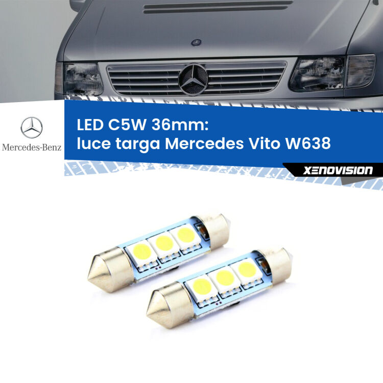 0 Luce Targa LED c5w 36mm Mercedes Vito W638 1996 - 2003 (Coppia) <strong>Luce Targa LED per Mercedes Vito</strong> W638 1996 - 2003. Coppia lampade <strong>C5W</strong> 36mm estremamente longeve.