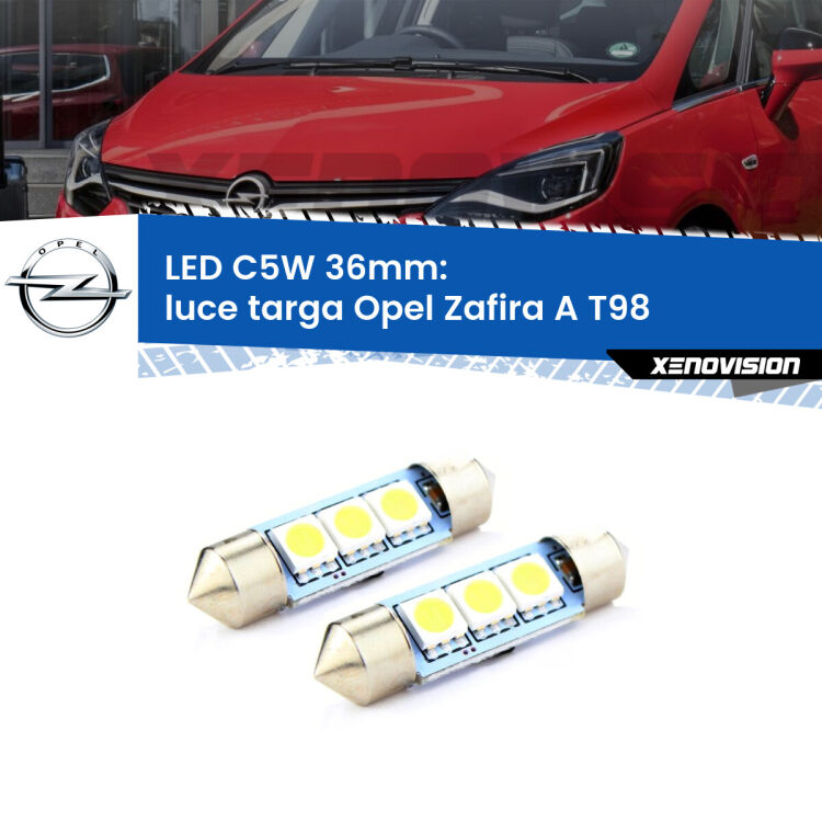 0 Luce Targa LED c5w 36mm Opel Zafira A T98 1999 - 2003 (Coppia) <strong>Luce Targa LED per Opel Zafira A</strong> T98 1999 - 2003. Coppia lampade <strong>C5W</strong> 36mm estremamente longeve.