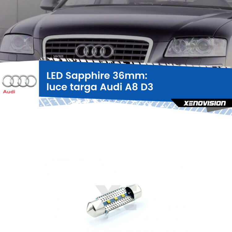 <strong>LED luce targa 36mm per Audi A8</strong> D3 2002 - 2009. Lampade <strong>c5W</strong> modello Sapphire Xenovision con chip led Philips.