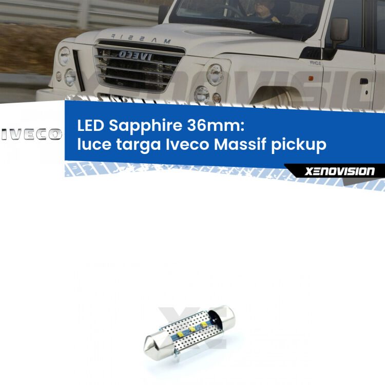 0 Luce Targa LED c5w 36mm per Iveco Massif pickup 2008 - 2011 <strong>LED luce targa 36mm per Iveco Massif pickup</strong> 2008 - 2011. Lampade <strong>c5W</strong> modello Sapphire Xenovision con chip led Philips.