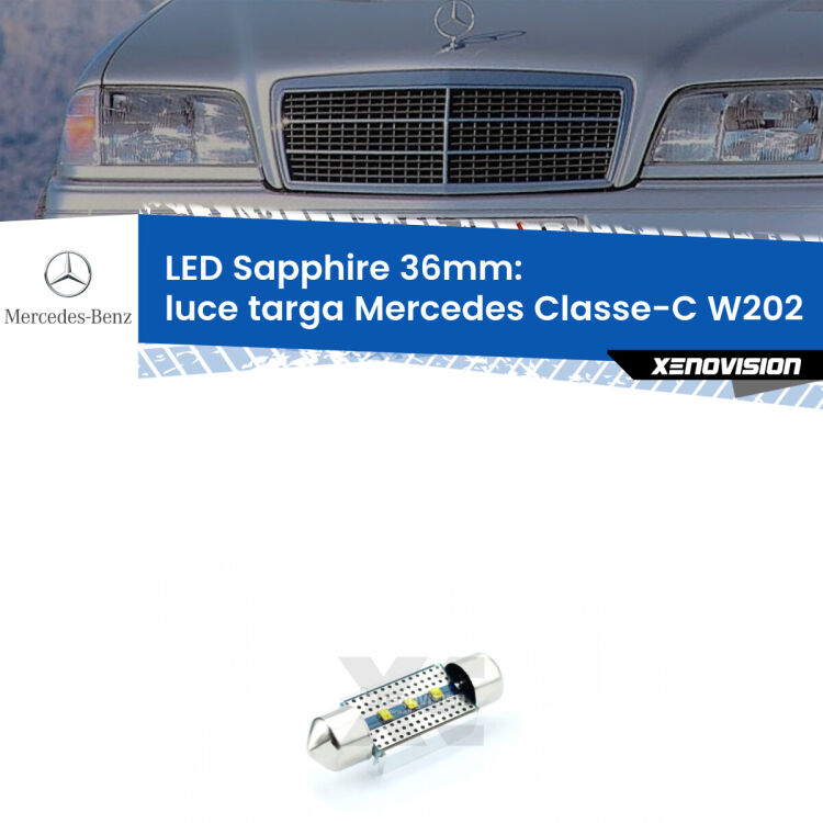 <strong>LED luce targa 36mm per Mercedes Classe-C</strong> W202 1993 - 2000. Lampade <strong>c5W</strong> modello Sapphire Xenovision con chip led Philips.