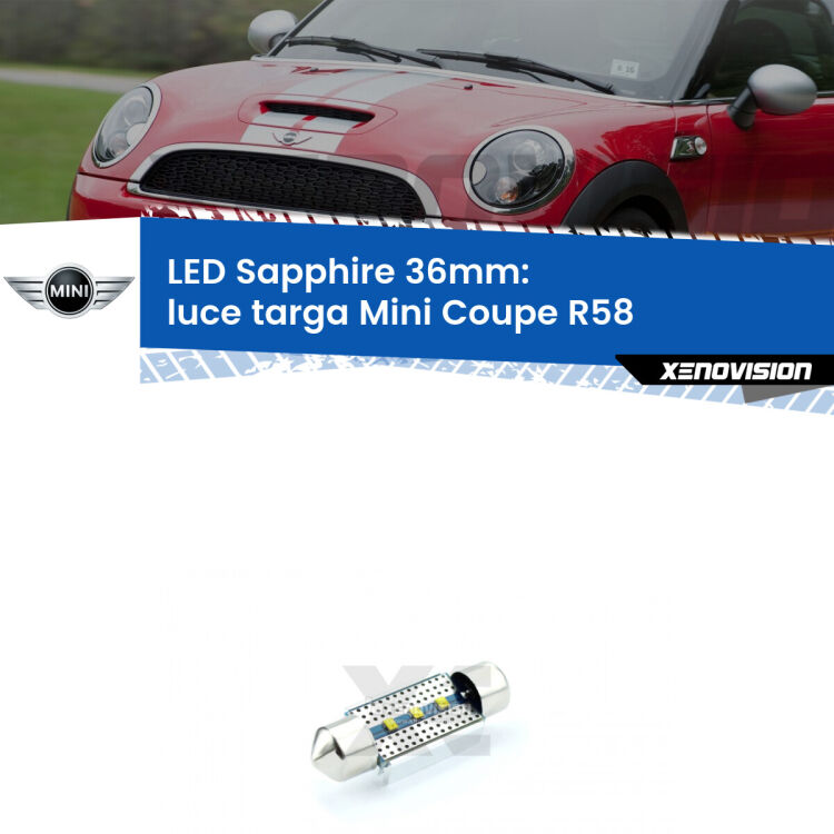 <strong>LED luce targa 36mm per Mini Coupe</strong> R58 2011 - 2015. Lampade <strong>c5W</strong> modello Sapphire Xenovision con chip led Philips.