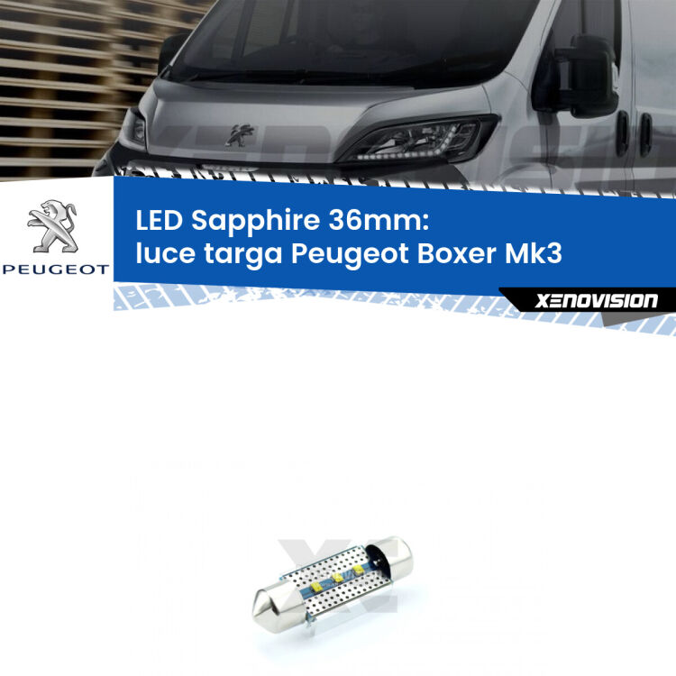 <strong>LED luce targa 36mm per Peugeot Boxer</strong> Mk3 2006 in poi. Lampade <strong>c5W</strong> modello Sapphire Xenovision con chip led Philips.