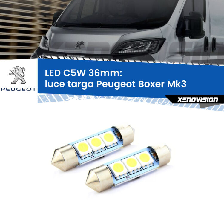 0 Luce Targa LED c5w 36mm Peugeot Boxer Mk3 2006 in poi (Coppia) <strong>Luce Targa LED per Peugeot Boxer</strong> Mk3 2006 in poi. Coppia lampade <strong>C5W</strong> 36mm estremamente longeve.