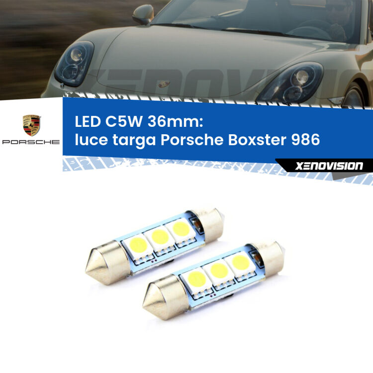 0 Luce Targa LED c5w 36mm Porsche Boxster 986 1996 - 2004 (Coppia) <strong>Luce Targa LED per Porsche Boxster</strong> 986 1996 - 2004. Coppia lampade <strong>C5W</strong> 36mm estremamente longeve.