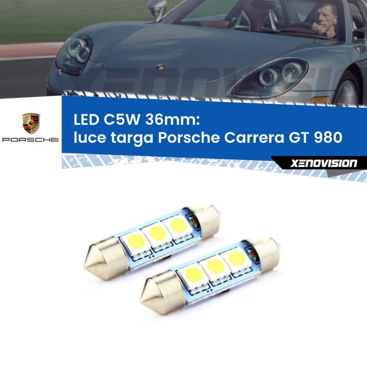 0 Luce Targa LED c5w 36mm Porsche Carrera GT 980 2003 - 2006 (Coppia) <strong>Luce Targa LED per Porsche Carrera GT</strong> 980 2003 - 2006. Coppia lampade <strong>C5W</strong> 36mm estremamente longeve.
