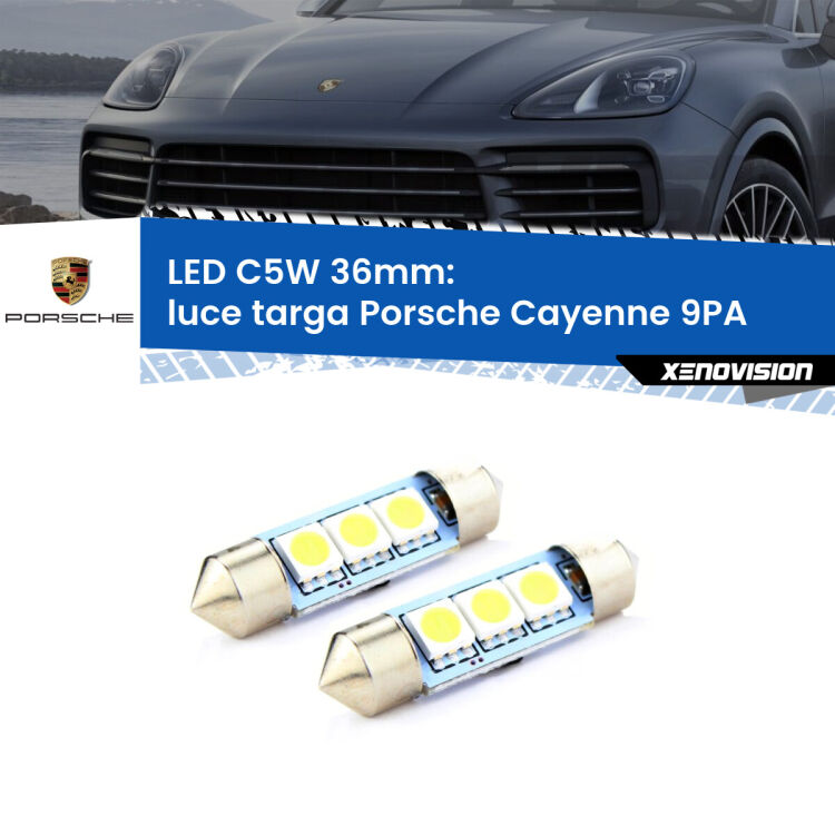 0 Luce Targa LED c5w 36mm Porsche Cayenne 9PA 2002 - 2010 (Coppia) <strong>Luce Targa LED per Porsche Cayenne</strong> 9PA 2002 - 2010. Coppia lampade <strong>C5W</strong> 36mm estremamente longeve.