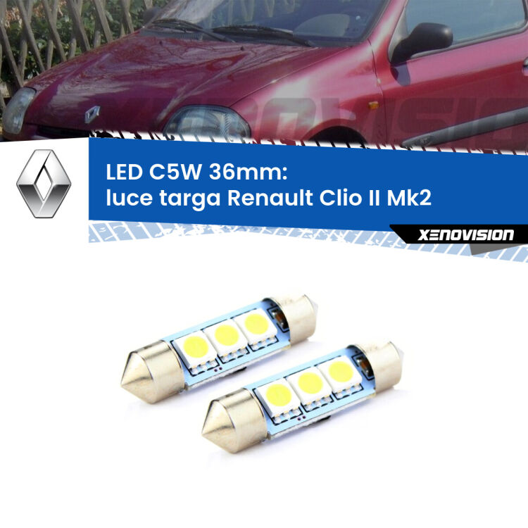 0 Luce Targa LED c5w 36mm Renault Clio II Mk2 1998 - 2004 (Coppia) <strong>Luce Targa LED per Renault Clio II</strong> Mk2 1998 - 2004. Coppia lampade <strong>C5W</strong> 36mm estremamente longeve.
