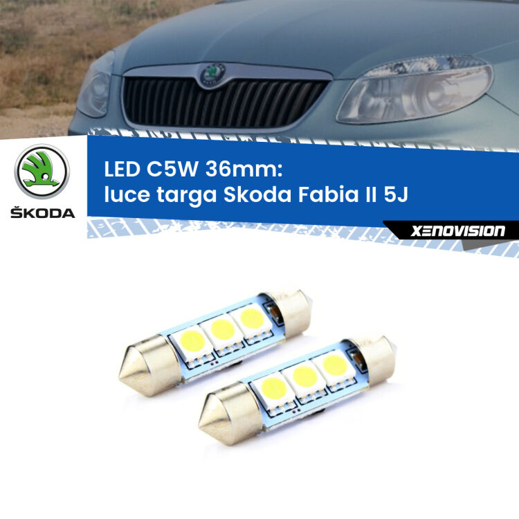 0 Luce Targa LED c5w 36mm Skoda Fabia II 5J 2006 - 2014 (Coppia) <strong>Luce Targa LED per Skoda Fabia II</strong> 5J 2006 - 2014. Coppia lampade <strong>C5W</strong> 36mm estremamente longeve.