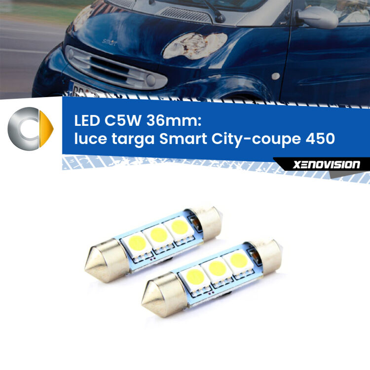 0 Luce Targa LED c5w 36mm Smart City-coupe 450 1998 - 2004 (Coppia) <strong>Luce Targa LED per Smart City-coupe</strong> 450 1998 - 2004. Coppia lampade <strong>C5W</strong> 36mm estremamente longeve.