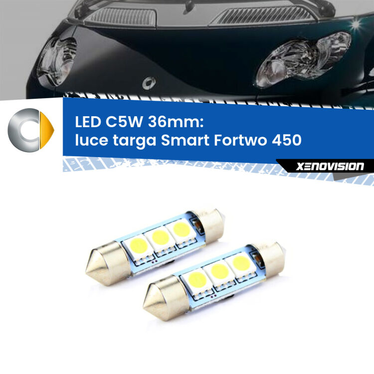 0 Luce Targa LED c5w 36mm Smart Fortwo 450 2004 - 2007 (Coppia) <strong>Luce Targa LED per Smart Fortwo</strong> 450 2004 - 2007. Coppia lampade <strong>C5W</strong> 36mm estremamente longeve.