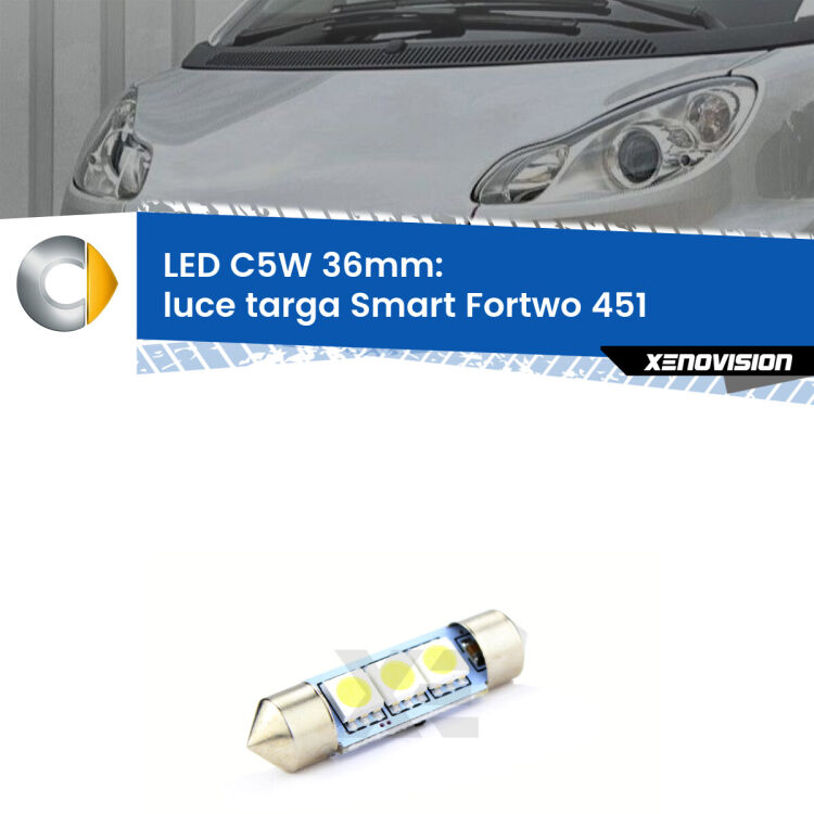 LED Luce Targa Smart Fortwo 451 2007 - 2014. Una lampadina led innesto C5W 36mm canbus estremamente longeva.