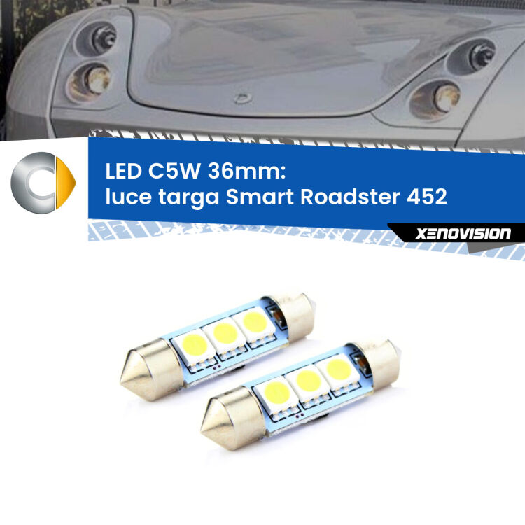 0 Luce Targa LED c5w 36mm Smart Roadster 452 2003 - 2005 (Coppia) <strong>Luce Targa LED per Smart Roadster</strong> 452 2003 - 2005. Coppia lampade <strong>C5W</strong> 36mm estremamente longeve.