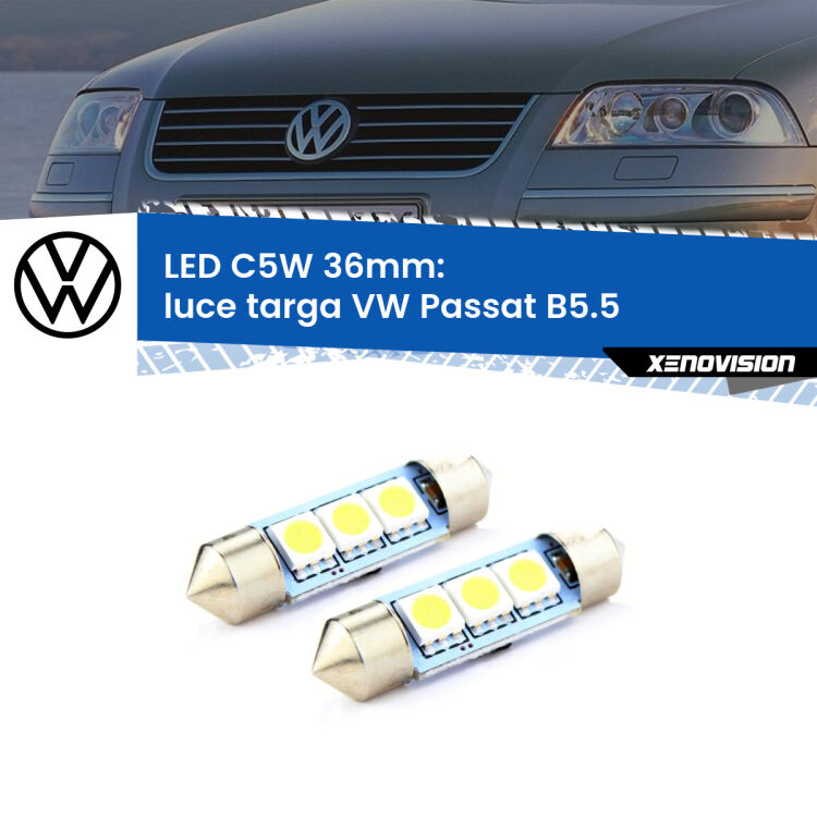 0 Luce Targa LED c5w 36mm VW Passat B5.5 2000 - 2005 (Coppia) <strong>Luce Targa LED per VW Passat</strong> B5.5 2000 - 2005. Coppia lampade <strong>C5W</strong> 36mm estremamente longeve.