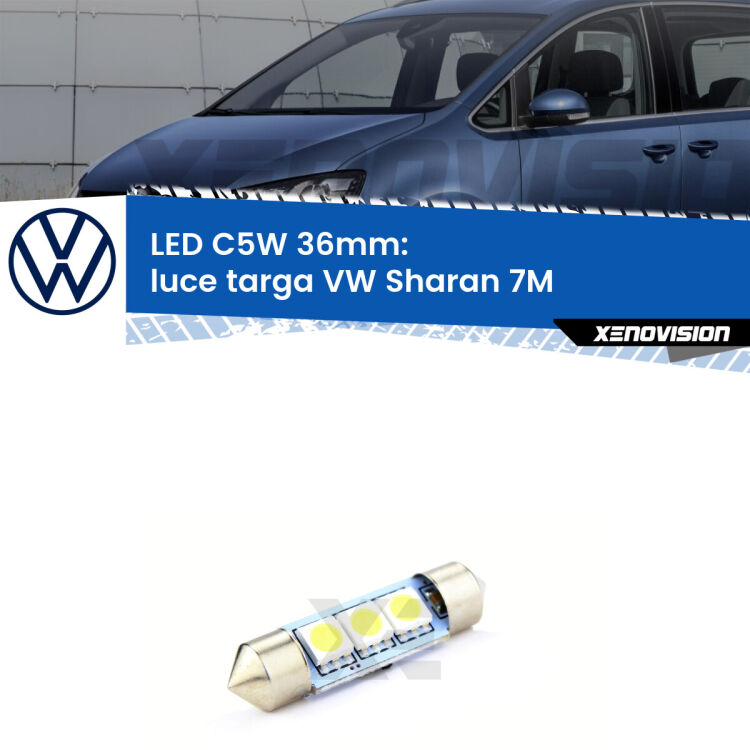 LED Luce Targa VW Sharan 7M 2001 - 2010. Una lampadina led innesto C5W 36mm canbus estremamente longeva.