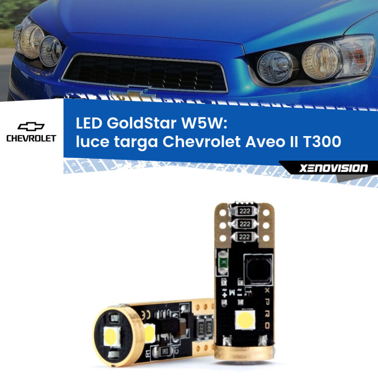 0 Luce Targa LED Chevrolet Aveo II T300 2011 - 2021: T10 GoldStar <strong>Luce Targa LED Chevrolet Aveo II</strong> T300 2011 - 2021: ottima luminosità a 360 gradi. Si inseriscono ovunque. Canbus, Top Quality.