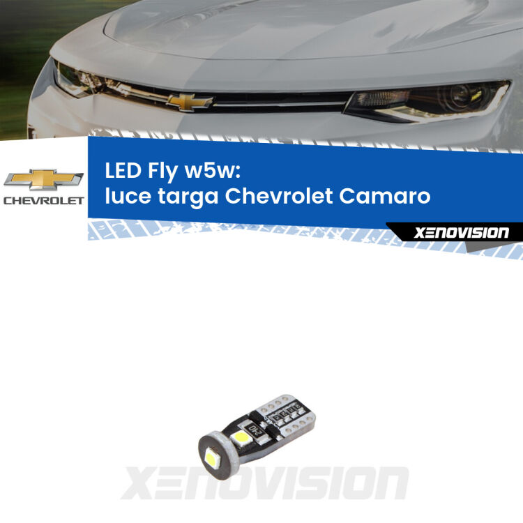 <strong>luce targa LED per Chevrolet Camaro</strong>  2015 in poi. Coppia lampadine <strong>w5w</strong> Canbus compatte modello Fly Xenovision.