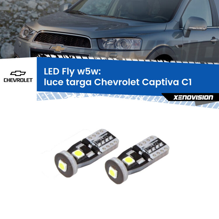 0 Luce Targa LED Chevrolet Captiva C1 2006 - 2018: W5W Fly <strong>luce targa LED per Chevrolet Captiva</strong> C1 2006 - 2018. Coppia lampadine <strong>w5w</strong> Canbus compatte modello Fly Xenovision.