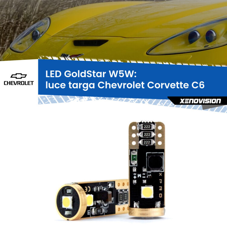 0 Luce Targa LED Chevrolet Corvette C6 2005 - 2013: T10 GoldStar <strong>Luce Targa LED Chevrolet Corvette</strong> C6 2005 - 2013: ottima luminosità a 360 gradi. Si inseriscono ovunque. Canbus, Top Quality.