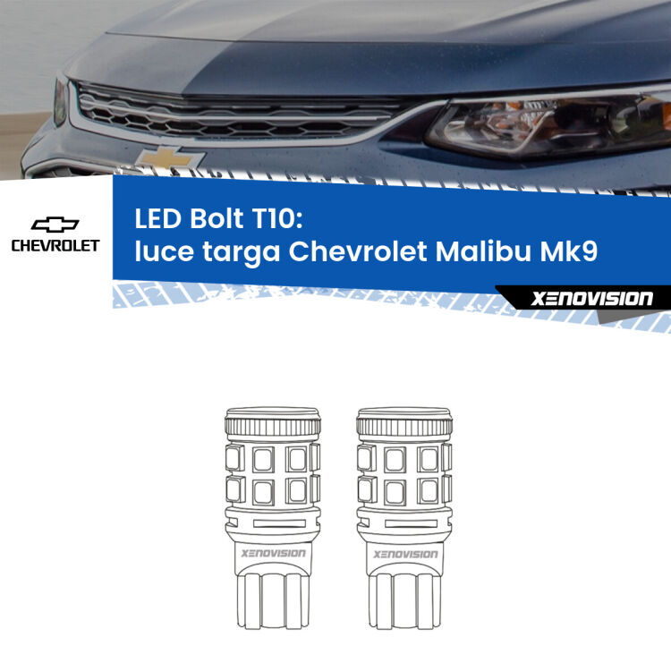 0 Luce Targa LED Chevrolet Malibu Mk9 2016 in poi: T10 Bolt <strong>Luce Targa LED per Chevrolet Malibu</strong> Mk9 2016 in poi. Coppia lampade <strong>T10</strong> modello Bolt canbus.