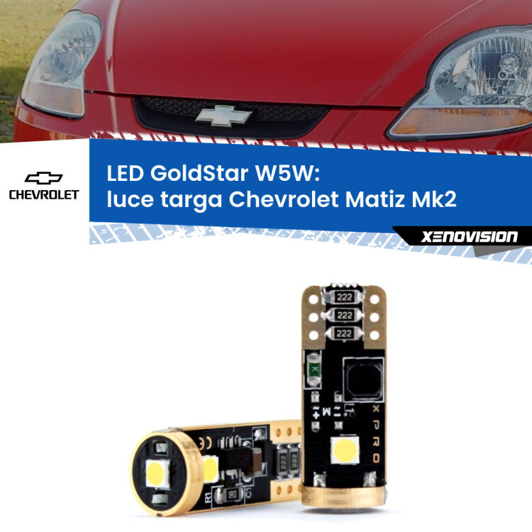 0 Luce Targa LED Chevrolet Matiz Mk2 2005 - 2011: T10 GoldStar <strong>Luce Targa LED Chevrolet Matiz</strong> Mk2 2005 - 2011: ottima luminosità a 360 gradi. Si inseriscono ovunque. Canbus, Top Quality.