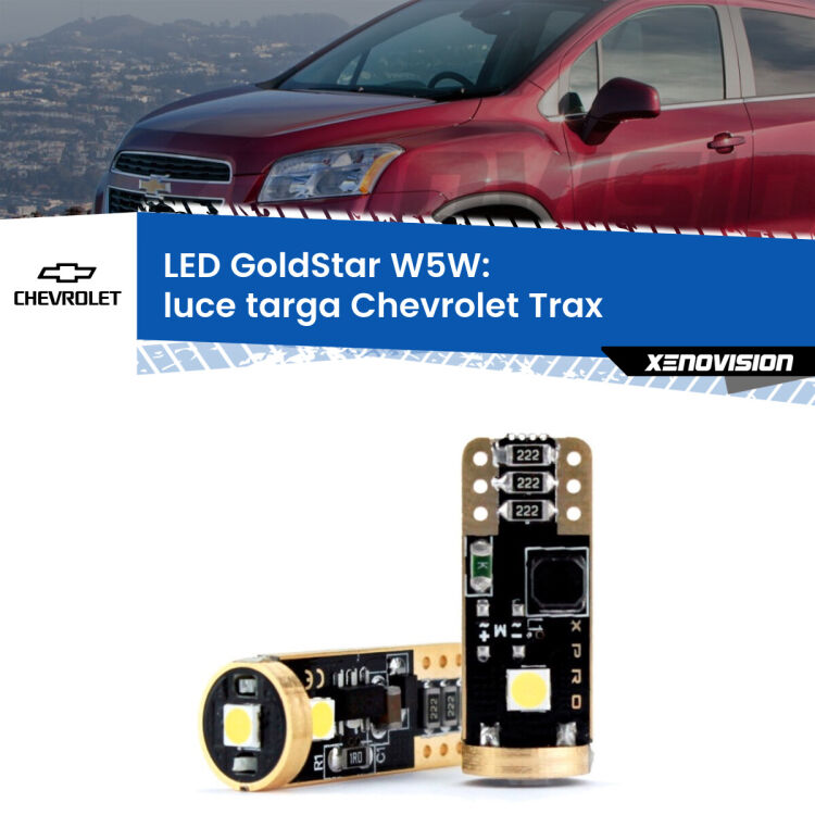 0 Luce Targa LED Chevrolet Trax 2012 in poi: T10 GoldStar <strong>Luce Targa LED Chevrolet Trax</strong> 2012 in poi: ottima luminosità a 360 gradi. Si inseriscono ovunque. Canbus, Top Quality.