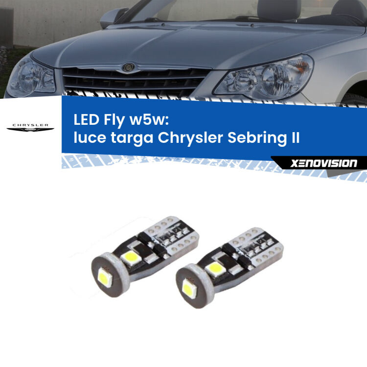 0 Luce Targa LED Chrysler Sebring II 2007 - 2010: W5W Fly <strong>luce targa LED per Chrysler Sebring</strong> II 2007 - 2010. Coppia lampadine <strong>w5w</strong> Canbus compatte modello Fly Xenovision.