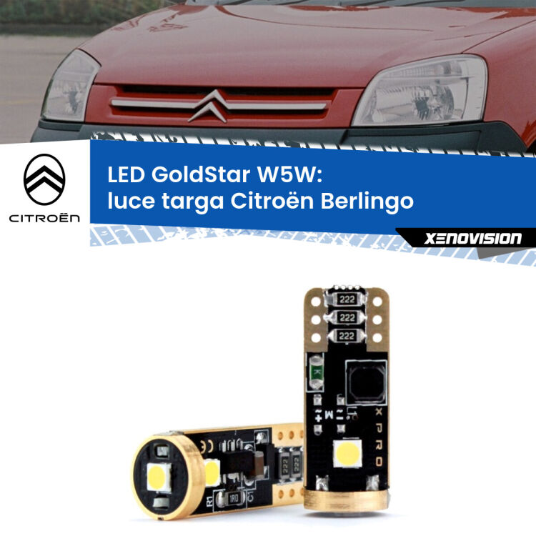 0 Luce Targa LED Citroën Berlingo 1996 - 2007: T10 GoldStar <strong>Luce Targa LED Citroën Berlingo</strong> 1996 - 2007: ottima luminosità a 360 gradi. Si inseriscono ovunque. Canbus, Top Quality.