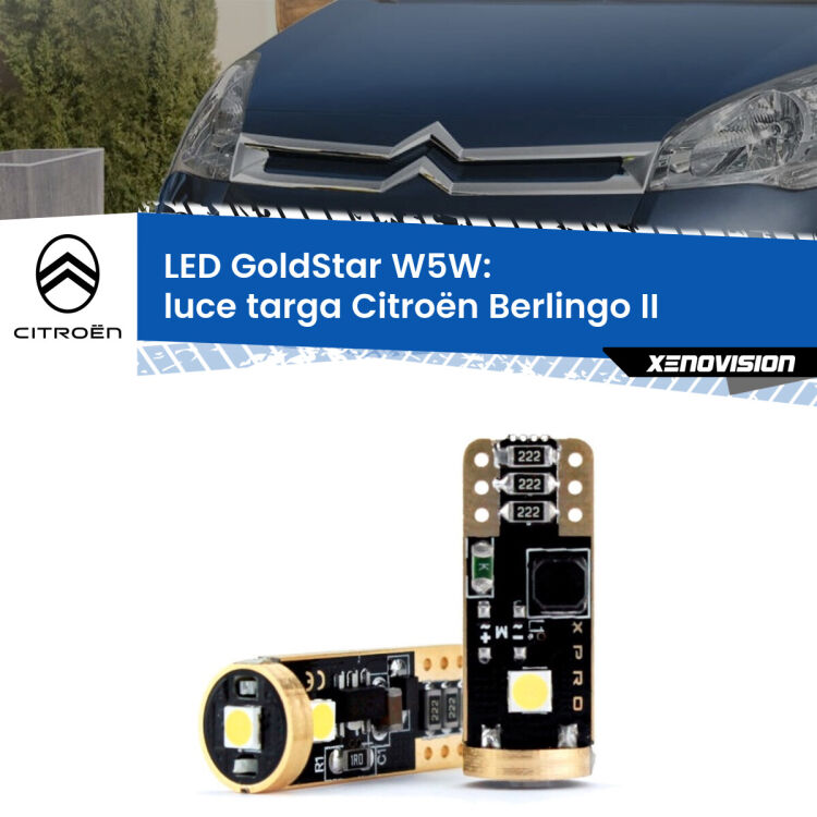 0 Luce Targa LED Citroën Berlingo II 2008 - 2017: T10 GoldStar <strong>Luce Targa LED Citroën Berlingo</strong> II 2008 - 2017: ottima luminosità a 360 gradi. Si inseriscono ovunque. Canbus, Top Quality.