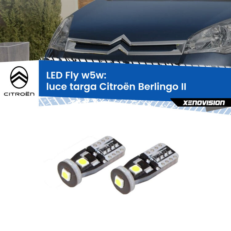 0 Luce Targa LED Citroën Berlingo II 2008 - 2017: W5W Fly <strong>luce targa LED per Citroën Berlingo</strong> II 2008 - 2017. Coppia lampadine <strong>w5w</strong> Canbus compatte modello Fly Xenovision.