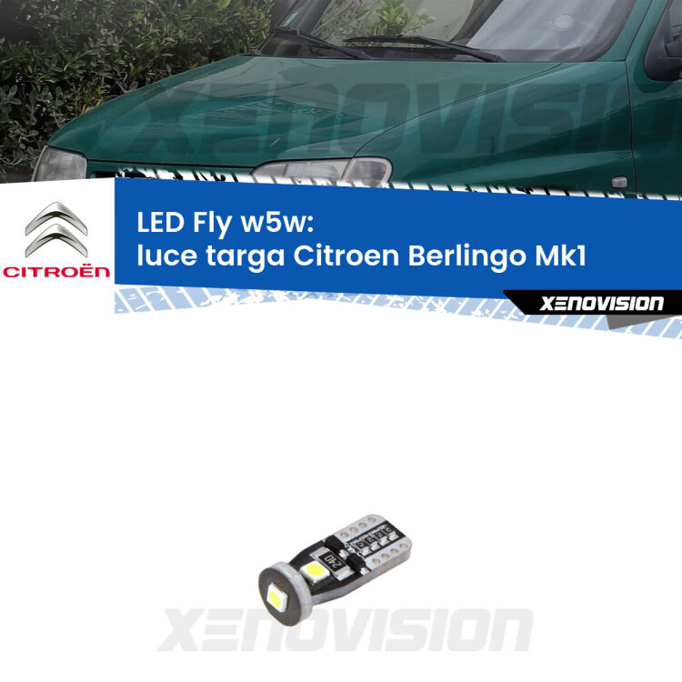 <strong>luce targa LED per Citroen Berlingo</strong> Mk1 1996 - 2007. Coppia lampadine <strong>w5w</strong> Canbus compatte modello Fly Xenovision.